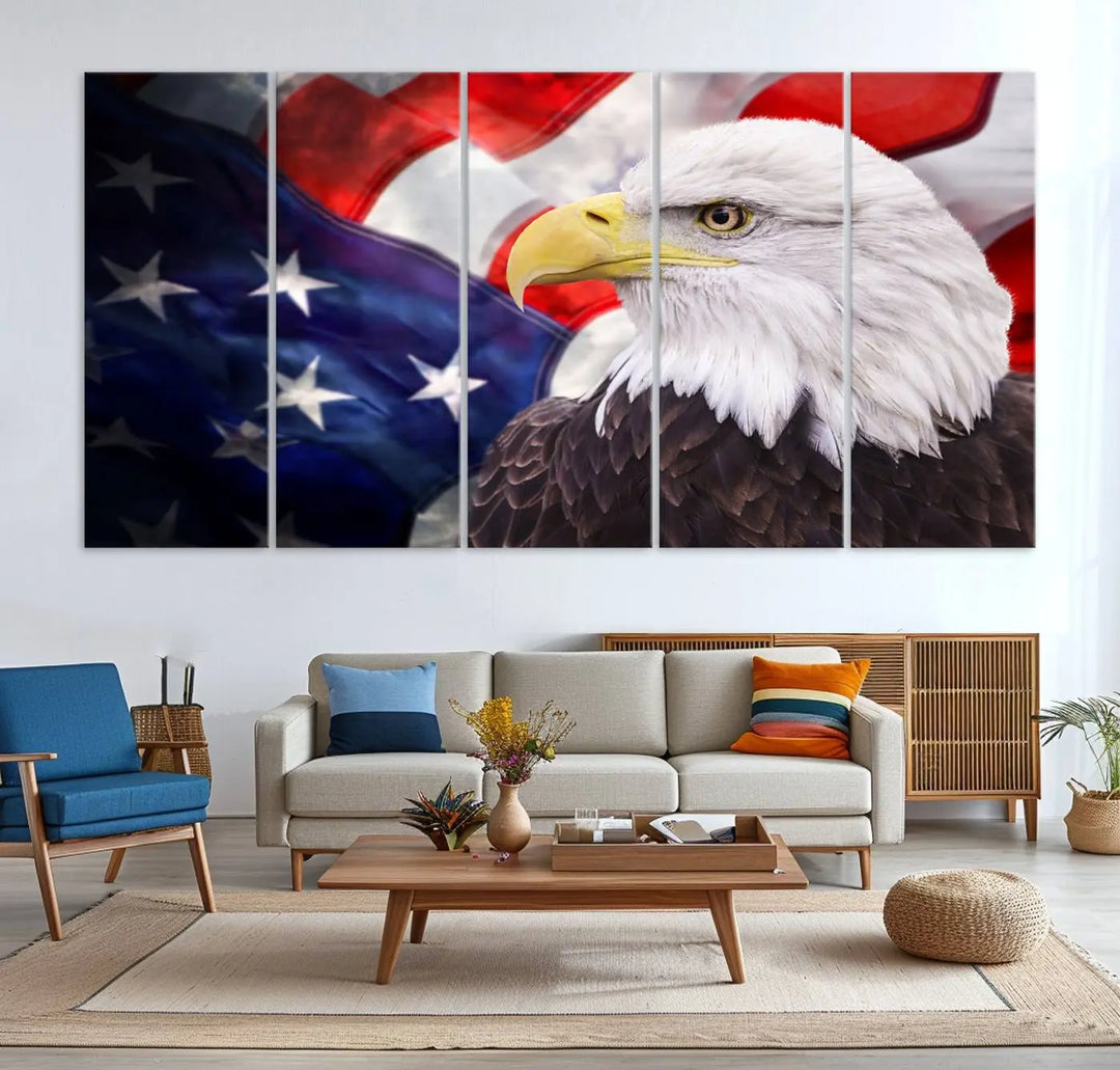 The American Flag Eagle Wall Art Canvas Print adorns the area above a modern living room sofa, featuring a magnificent depiction of a bald eagle against an American flag backdrop. Printed on museum-quality canvas, this eye-catching piece offers a high-resolution finish, making it an ideal gift for any patriotic home.