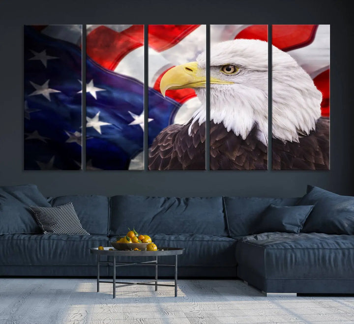 The American Flag Eagle Wall Art Canvas Print adorns the area above a modern living room sofa, featuring a magnificent depiction of a bald eagle against an American flag backdrop. Printed on museum-quality canvas, this eye-catching piece offers a high-resolution finish, making it an ideal gift for any patriotic home.