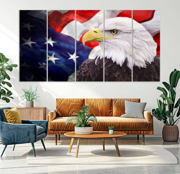 The American Flag Eagle Wall Art Canvas Print adorns the area above a modern living room sofa, featuring a magnificent depiction of a bald eagle against an American flag backdrop. Printed on museum-quality canvas, this eye-catching piece offers a high-resolution finish, making it an ideal gift for any patriotic home.