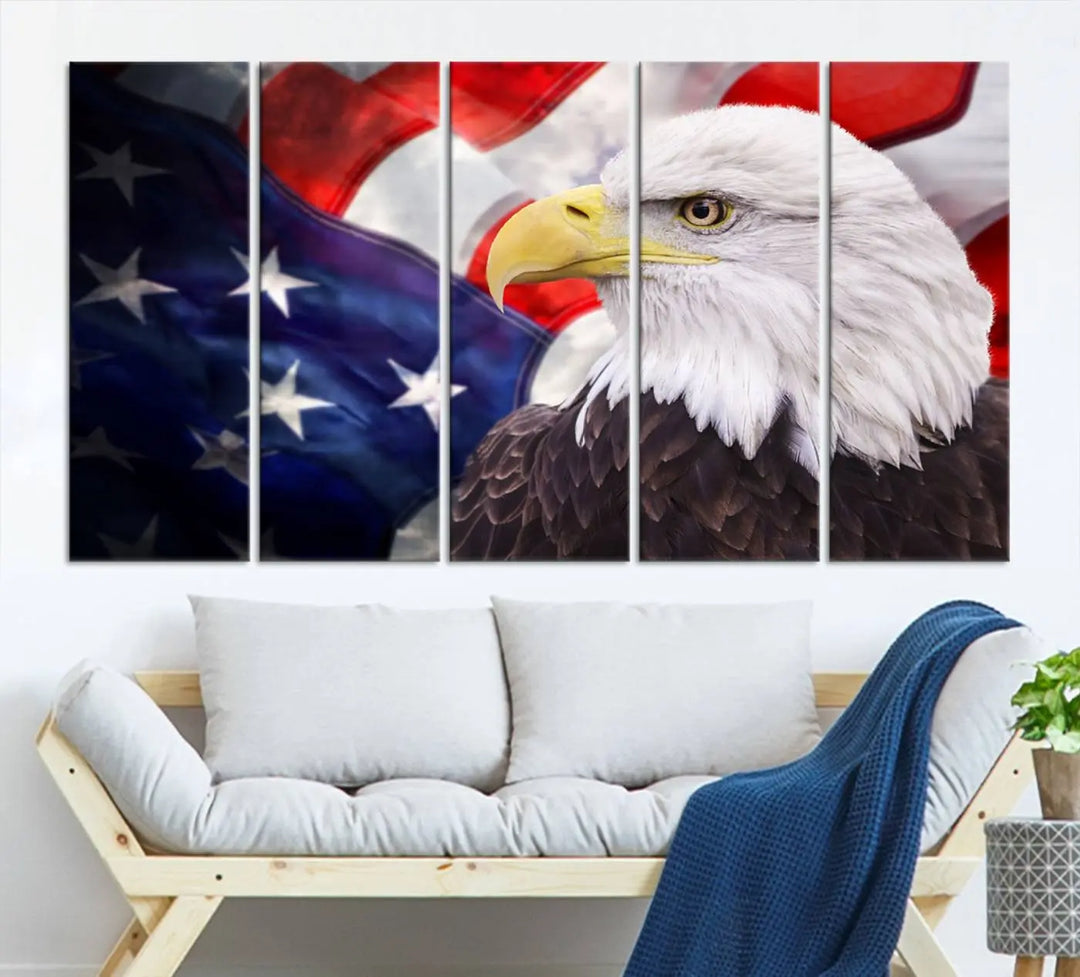 The American Flag Eagle Wall Art Canvas Print adorns the area above a modern living room sofa, featuring a magnificent depiction of a bald eagle against an American flag backdrop. Printed on museum-quality canvas, this eye-catching piece offers a high-resolution finish, making it an ideal gift for any patriotic home.