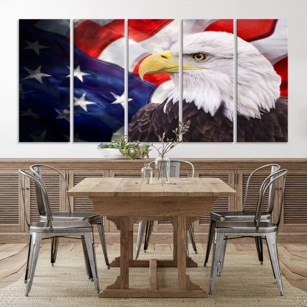 The American Flag Eagle Wall Art Canvas Print adorns the area above a modern living room sofa, featuring a magnificent depiction of a bald eagle against an American flag backdrop. Printed on museum-quality canvas, this eye-catching piece offers a high-resolution finish, making it an ideal gift for any patriotic home.