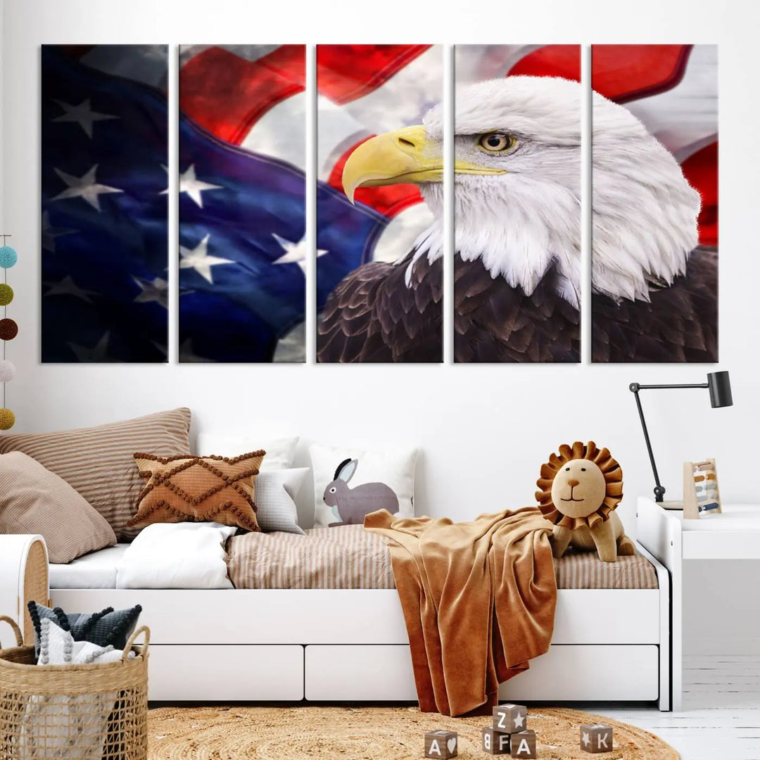 The American Flag Eagle Wall Art Canvas Print adorns the area above a modern living room sofa, featuring a magnificent depiction of a bald eagle against an American flag backdrop. Printed on museum-quality canvas, this eye-catching piece offers a high-resolution finish, making it an ideal gift for any patriotic home.