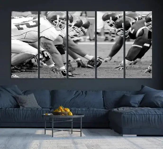 The "American Football Player Wall Art Canvas Print," beautifully rendered in black and white, captures a football scrimmage line and is printed on museum-quality canvas. This artwork is divided into three stunning panels and comes ready to hang for easy integration into your space.