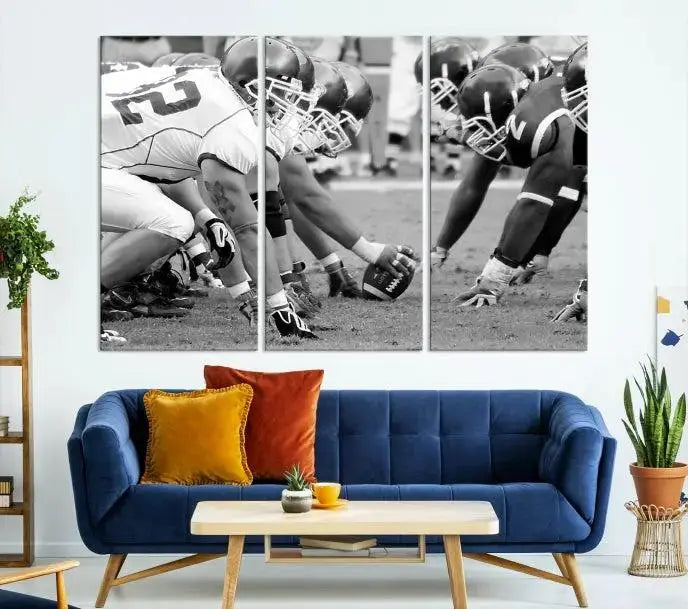 The "American Football Player Wall Art Canvas Print," beautifully rendered in black and white, captures a football scrimmage line and is printed on museum-quality canvas. This artwork is divided into three stunning panels and comes ready to hang for easy integration into your space.