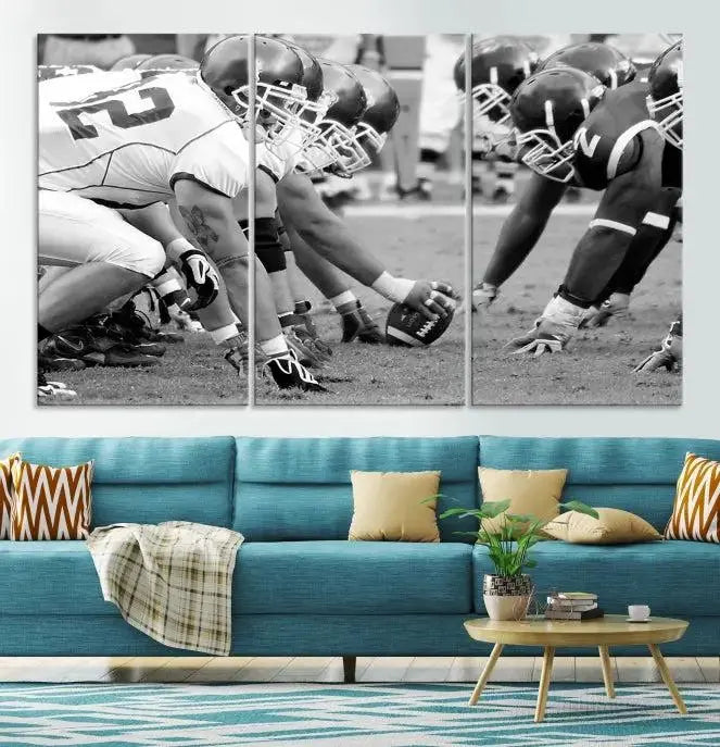 The "American Football Player Wall Art Canvas Print," beautifully rendered in black and white, captures a football scrimmage line and is printed on museum-quality canvas. This artwork is divided into three stunning panels and comes ready to hang for easy integration into your space.