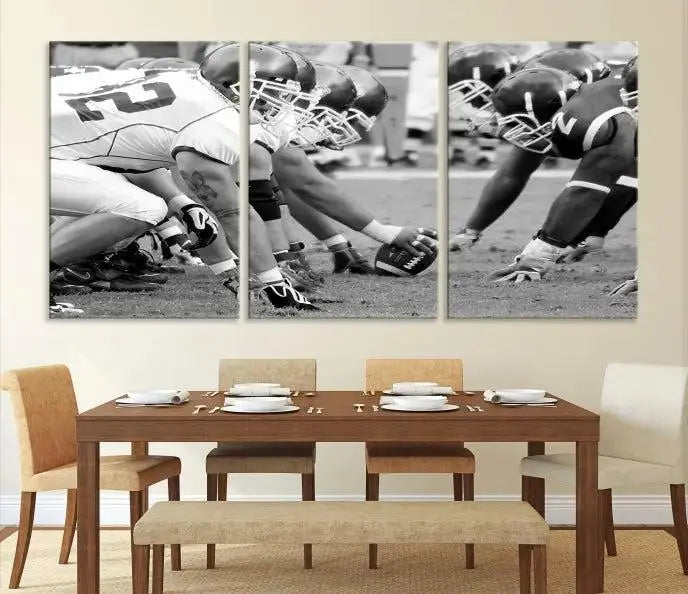 The "American Football Player Wall Art Canvas Print," beautifully rendered in black and white, captures a football scrimmage line and is printed on museum-quality canvas. This artwork is divided into three stunning panels and comes ready to hang for easy integration into your space.