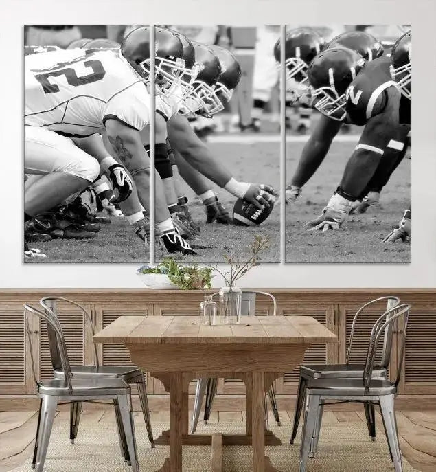 The "American Football Player Wall Art Canvas Print," beautifully rendered in black and white, captures a football scrimmage line and is printed on museum-quality canvas. This artwork is divided into three stunning panels and comes ready to hang for easy integration into your space.