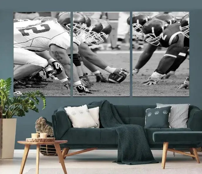 The "American Football Player Wall Art Canvas Print," beautifully rendered in black and white, captures a football scrimmage line and is printed on museum-quality canvas. This artwork is divided into three stunning panels and comes ready to hang for easy integration into your space.