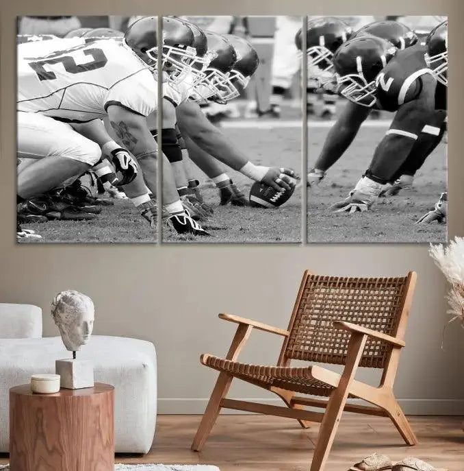 The "American Football Player Wall Art Canvas Print," beautifully rendered in black and white, captures a football scrimmage line and is printed on museum-quality canvas. This artwork is divided into three stunning panels and comes ready to hang for easy integration into your space.