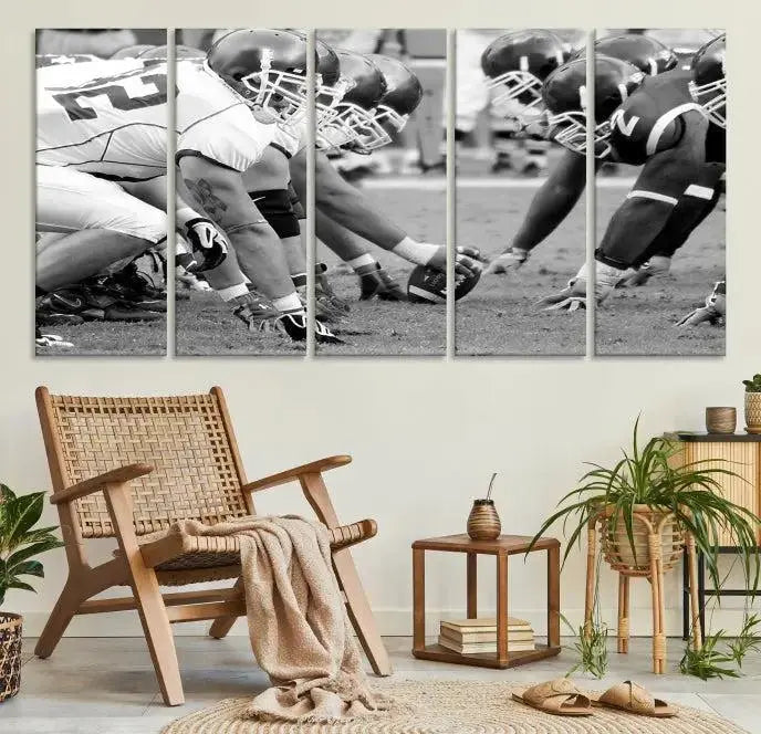 The "American Football Player Wall Art Canvas Print," beautifully rendered in black and white, captures a football scrimmage line and is printed on museum-quality canvas. This artwork is divided into three stunning panels and comes ready to hang for easy integration into your space.