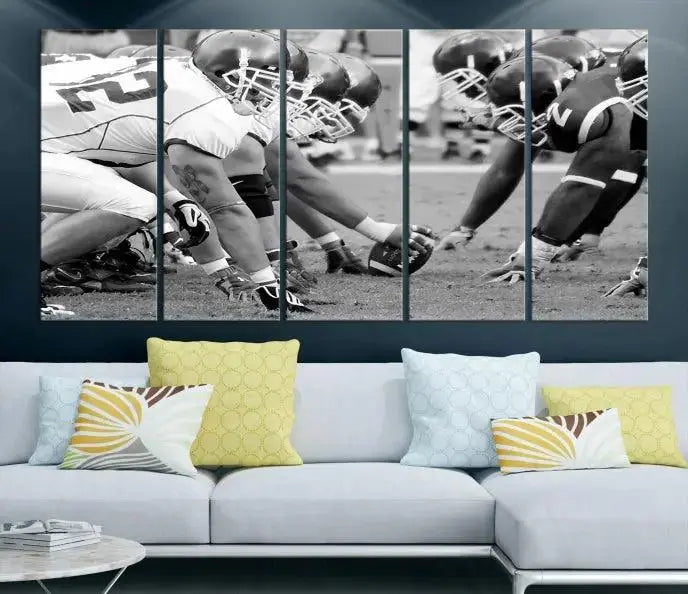 The "American Football Player Wall Art Canvas Print," beautifully rendered in black and white, captures a football scrimmage line and is printed on museum-quality canvas. This artwork is divided into three stunning panels and comes ready to hang for easy integration into your space.