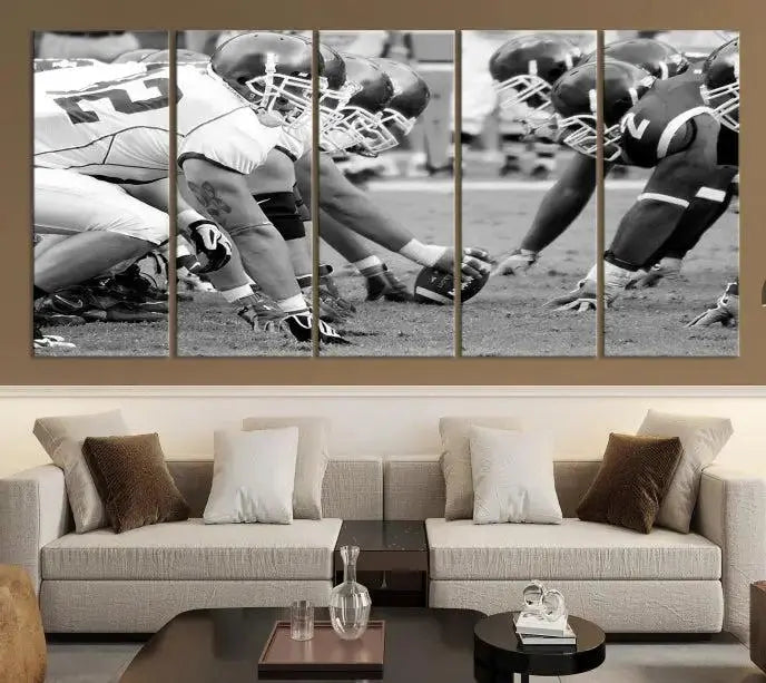 The "American Football Player Wall Art Canvas Print," beautifully rendered in black and white, captures a football scrimmage line and is printed on museum-quality canvas. This artwork is divided into three stunning panels and comes ready to hang for easy integration into your space.