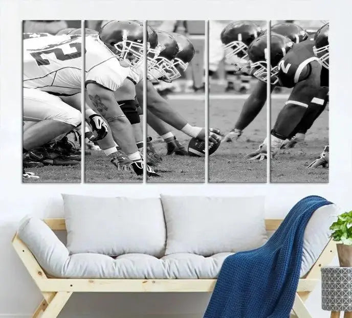 The "American Football Player Wall Art Canvas Print," beautifully rendered in black and white, captures a football scrimmage line and is printed on museum-quality canvas. This artwork is divided into three stunning panels and comes ready to hang for easy integration into your space.