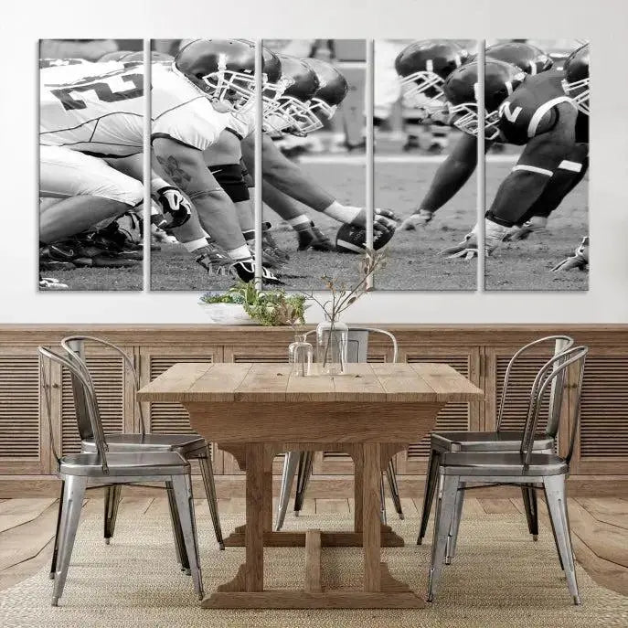 The "American Football Player Wall Art Canvas Print," beautifully rendered in black and white, captures a football scrimmage line and is printed on museum-quality canvas. This artwork is divided into three stunning panels and comes ready to hang for easy integration into your space.