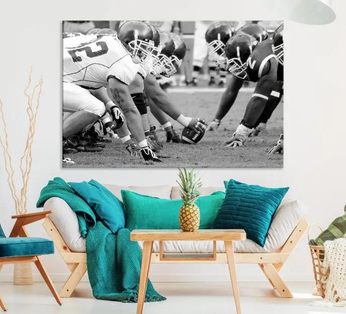 The "American Football Player Wall Art Canvas Print," beautifully rendered in black and white, captures a football scrimmage line and is printed on museum-quality canvas. This artwork is divided into three stunning panels and comes ready to hang for easy integration into your space.