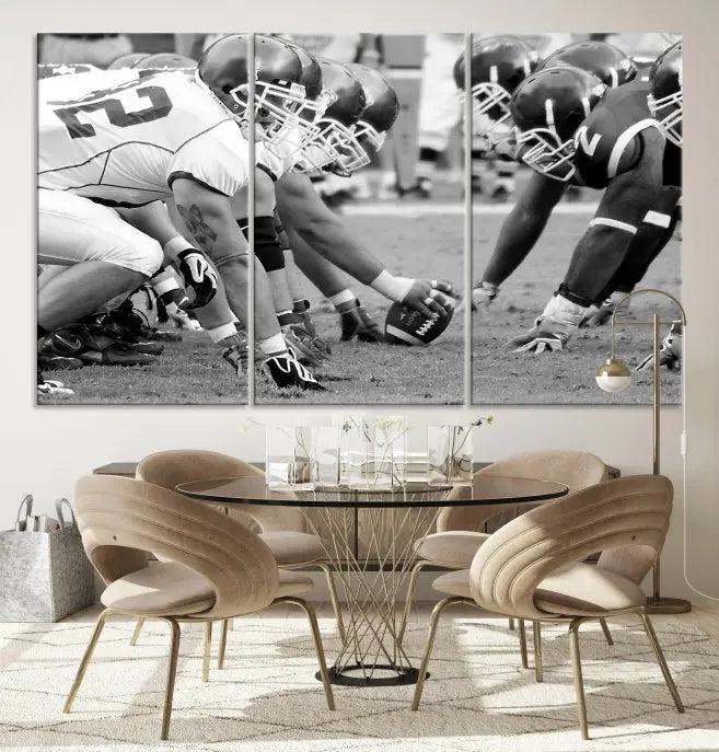 The "American Football Player Wall Art Canvas Print," beautifully rendered in black and white, captures a football scrimmage line and is printed on museum-quality canvas. This artwork is divided into three stunning panels and comes ready to hang for easy integration into your space.