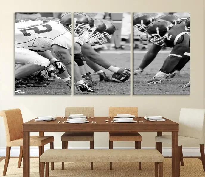 The "American Football Player Wall Art Canvas Print," beautifully rendered in black and white, captures a football scrimmage line and is printed on museum-quality canvas. This artwork is divided into three stunning panels and comes ready to hang for easy integration into your space.