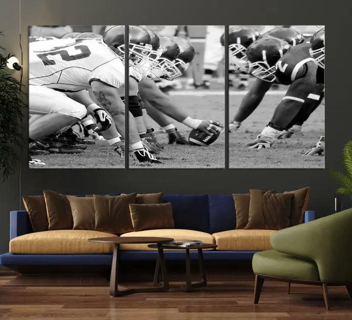 The "American Football Player Wall Art Canvas Print," beautifully rendered in black and white, captures a football scrimmage line and is printed on museum-quality canvas. This artwork is divided into three stunning panels and comes ready to hang for easy integration into your space.