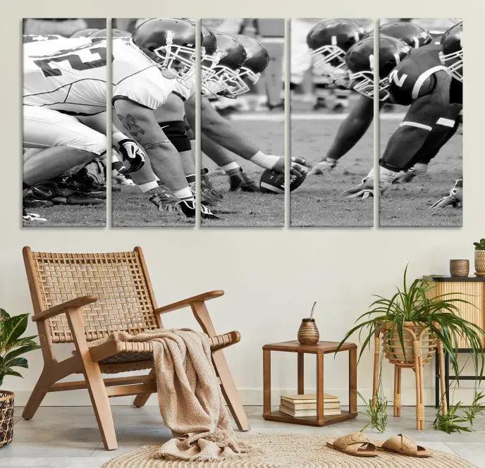 The "American Football Player Wall Art Canvas Print," beautifully rendered in black and white, captures a football scrimmage line and is printed on museum-quality canvas. This artwork is divided into three stunning panels and comes ready to hang for easy integration into your space.