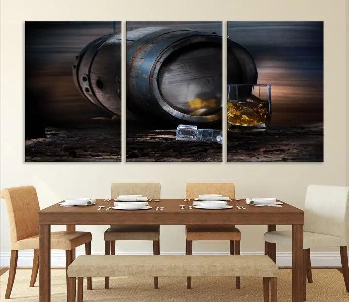 The room showcases the American Oak Whiskey Wall Art Canvas Print. This museum-quality canvas wall art, depicting a whiskey barrel and glass, comes ready to hang and is finished with a UV-protective coating for enduring elegance and style.