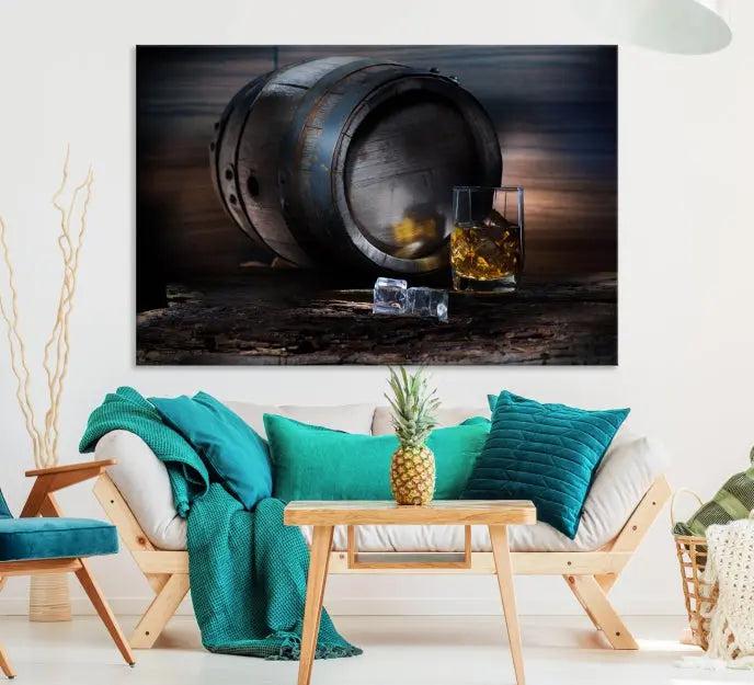 The room showcases the American Oak Whiskey Wall Art Canvas Print. This museum-quality canvas wall art, depicting a whiskey barrel and glass, comes ready to hang and is finished with a UV-protective coating for enduring elegance and style.