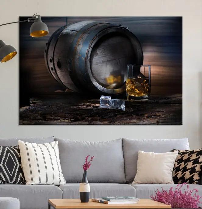 The room showcases the American Oak Whiskey Wall Art Canvas Print. This museum-quality canvas wall art, depicting a whiskey barrel and glass, comes ready to hang and is finished with a UV-protective coating for enduring elegance and style.