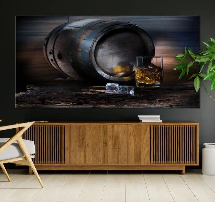 The room showcases the American Oak Whiskey Wall Art Canvas Print. This museum-quality canvas wall art, depicting a whiskey barrel and glass, comes ready to hang and is finished with a UV-protective coating for enduring elegance and style.