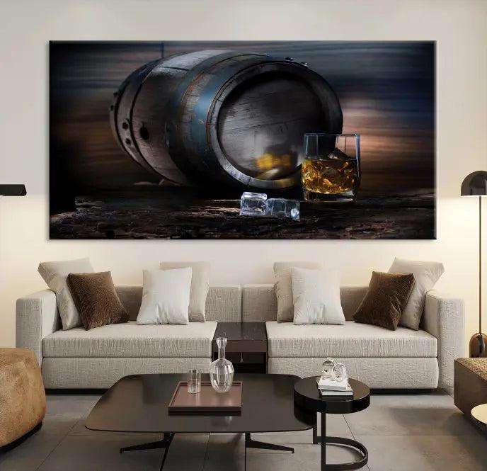 The room showcases the American Oak Whiskey Wall Art Canvas Print. This museum-quality canvas wall art, depicting a whiskey barrel and glass, comes ready to hang and is finished with a UV-protective coating for enduring elegance and style.