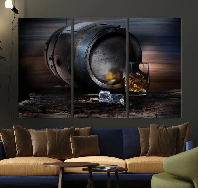 The room showcases the American Oak Whiskey Wall Art Canvas Print. This museum-quality canvas wall art, depicting a whiskey barrel and glass, comes ready to hang and is finished with a UV-protective coating for enduring elegance and style.