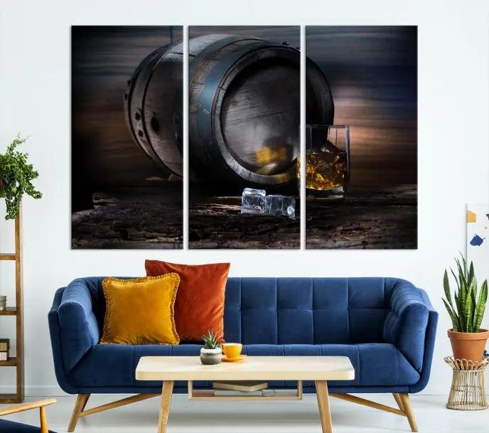 The room showcases the American Oak Whiskey Wall Art Canvas Print. This museum-quality canvas wall art, depicting a whiskey barrel and glass, comes ready to hang and is finished with a UV-protective coating for enduring elegance and style.