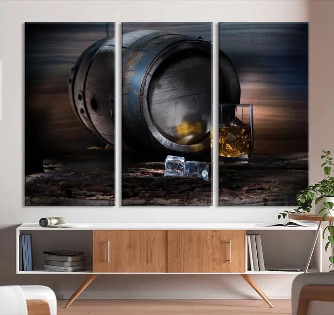 The room showcases the American Oak Whiskey Wall Art Canvas Print. This museum-quality canvas wall art, depicting a whiskey barrel and glass, comes ready to hang and is finished with a UV-protective coating for enduring elegance and style.