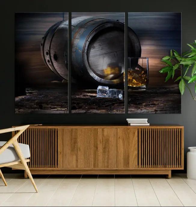 The room showcases the American Oak Whiskey Wall Art Canvas Print. This museum-quality canvas wall art, depicting a whiskey barrel and glass, comes ready to hang and is finished with a UV-protective coating for enduring elegance and style.