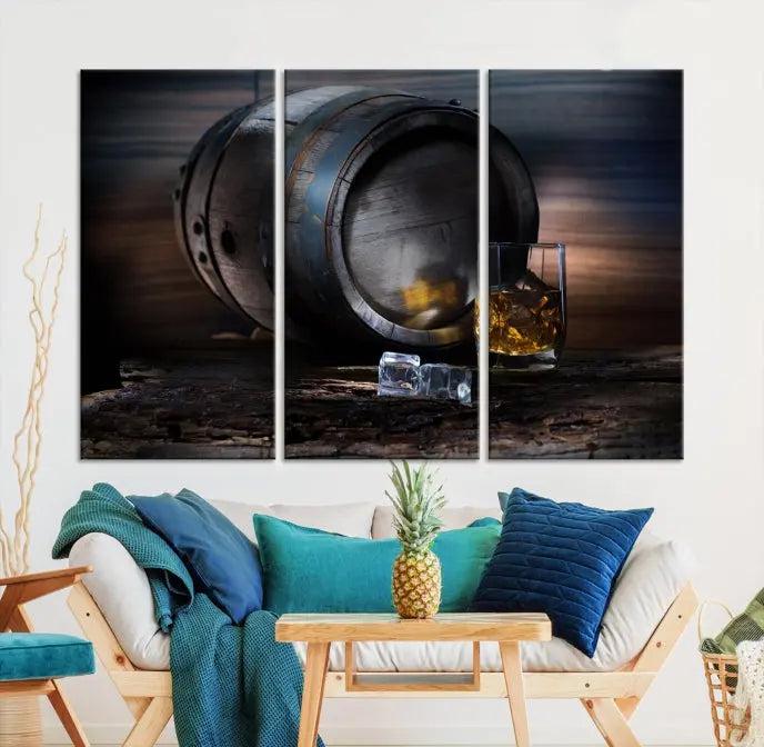 The room showcases the American Oak Whiskey Wall Art Canvas Print. This museum-quality canvas wall art, depicting a whiskey barrel and glass, comes ready to hang and is finished with a UV-protective coating for enduring elegance and style.