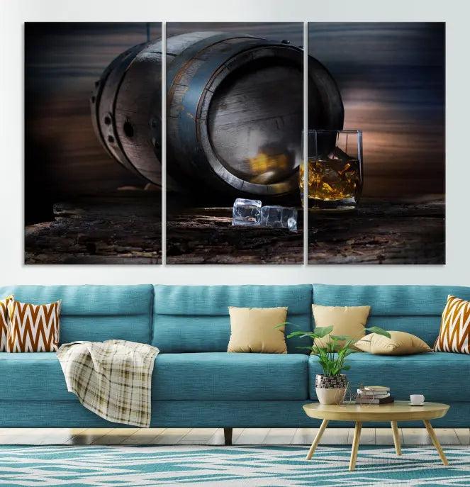 The room showcases the American Oak Whiskey Wall Art Canvas Print. This museum-quality canvas wall art, depicting a whiskey barrel and glass, comes ready to hang and is finished with a UV-protective coating for enduring elegance and style.