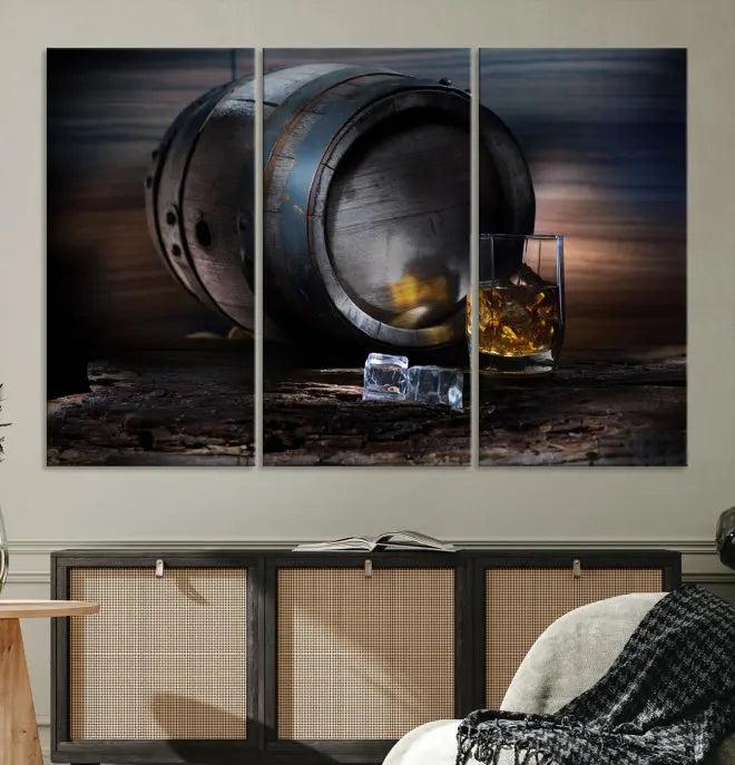 The room showcases the American Oak Whiskey Wall Art Canvas Print. This museum-quality canvas wall art, depicting a whiskey barrel and glass, comes ready to hang and is finished with a UV-protective coating for enduring elegance and style.