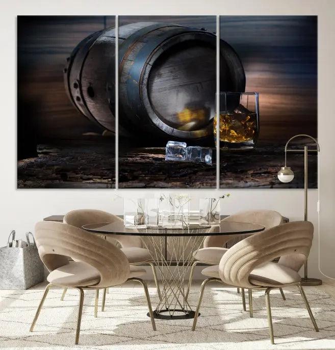 The room showcases the American Oak Whiskey Wall Art Canvas Print. This museum-quality canvas wall art, depicting a whiskey barrel and glass, comes ready to hang and is finished with a UV-protective coating for enduring elegance and style.