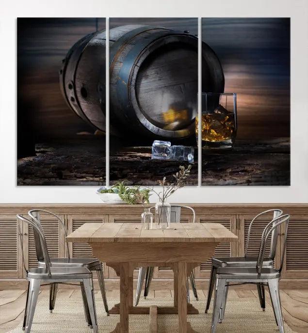 The room showcases the American Oak Whiskey Wall Art Canvas Print. This museum-quality canvas wall art, depicting a whiskey barrel and glass, comes ready to hang and is finished with a UV-protective coating for enduring elegance and style.