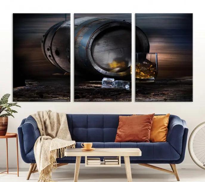 The room showcases the American Oak Whiskey Wall Art Canvas Print. This museum-quality canvas wall art, depicting a whiskey barrel and glass, comes ready to hang and is finished with a UV-protective coating for enduring elegance and style.