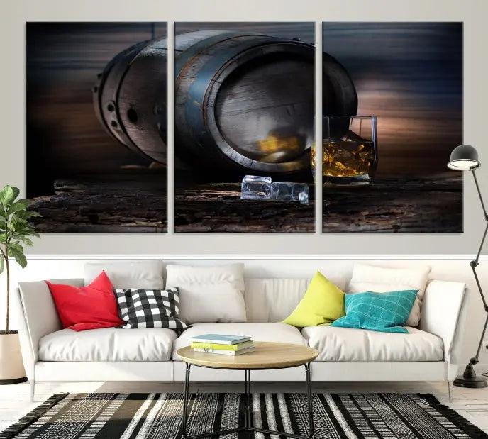 The room showcases the American Oak Whiskey Wall Art Canvas Print. This museum-quality canvas wall art, depicting a whiskey barrel and glass, comes ready to hang and is finished with a UV-protective coating for enduring elegance and style.