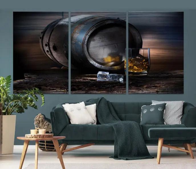 The room showcases the American Oak Whiskey Wall Art Canvas Print. This museum-quality canvas wall art, depicting a whiskey barrel and glass, comes ready to hang and is finished with a UV-protective coating for enduring elegance and style.