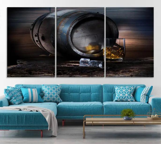 The room showcases the American Oak Whiskey Wall Art Canvas Print. This museum-quality canvas wall art, depicting a whiskey barrel and glass, comes ready to hang and is finished with a UV-protective coating for enduring elegance and style.