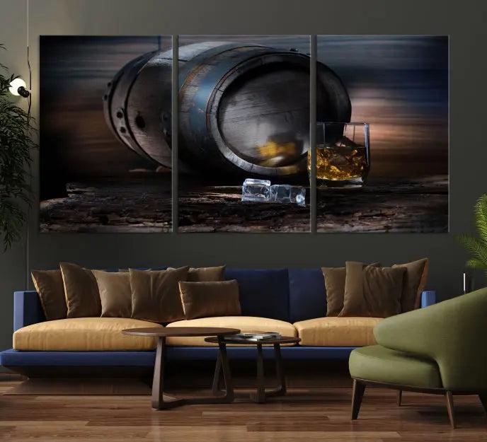 The room showcases the American Oak Whiskey Wall Art Canvas Print. This museum-quality canvas wall art, depicting a whiskey barrel and glass, comes ready to hang and is finished with a UV-protective coating for enduring elegance and style.