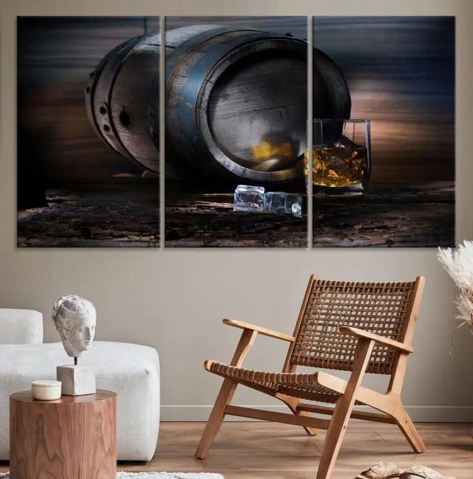 The room showcases the American Oak Whiskey Wall Art Canvas Print. This museum-quality canvas wall art, depicting a whiskey barrel and glass, comes ready to hang and is finished with a UV-protective coating for enduring elegance and style.