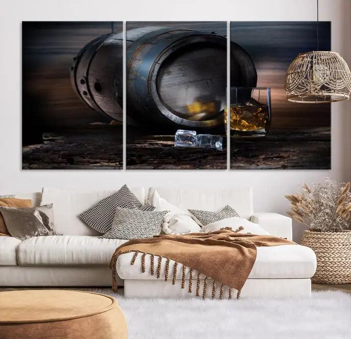 The room showcases the American Oak Whiskey Wall Art Canvas Print. This museum-quality canvas wall art, depicting a whiskey barrel and glass, comes ready to hang and is finished with a UV-protective coating for enduring elegance and style.