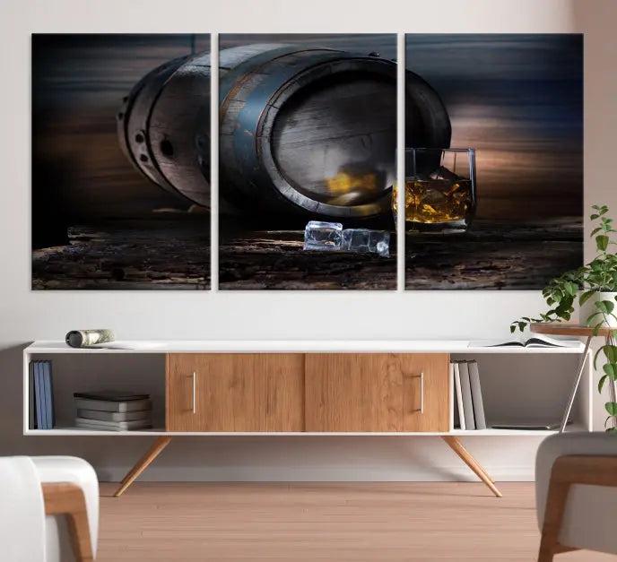 The room showcases the American Oak Whiskey Wall Art Canvas Print. This museum-quality canvas wall art, depicting a whiskey barrel and glass, comes ready to hang and is finished with a UV-protective coating for enduring elegance and style.