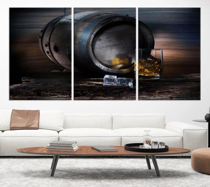 The room showcases the American Oak Whiskey Wall Art Canvas Print. This museum-quality canvas wall art, depicting a whiskey barrel and glass, comes ready to hang and is finished with a UV-protective coating for enduring elegance and style.