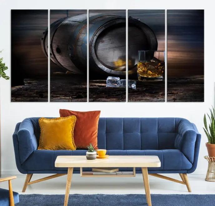 The room showcases the American Oak Whiskey Wall Art Canvas Print. This museum-quality canvas wall art, depicting a whiskey barrel and glass, comes ready to hang and is finished with a UV-protective coating for enduring elegance and style.