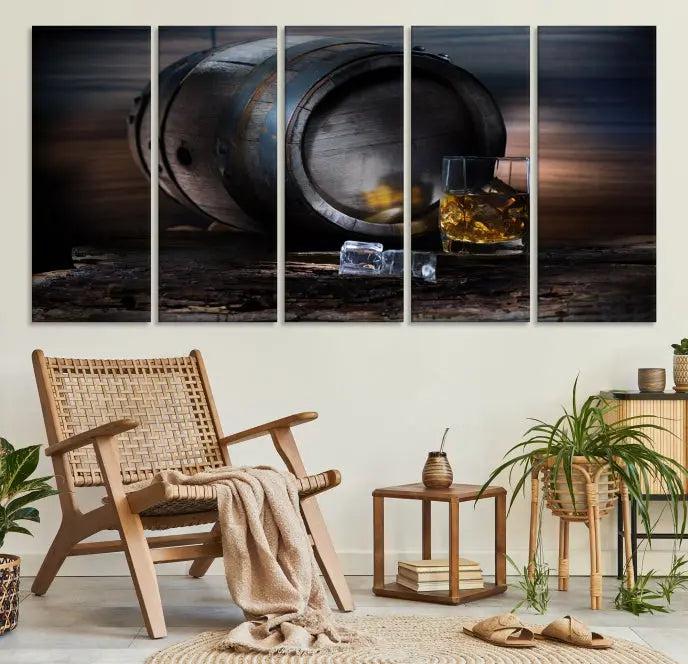 The room showcases the American Oak Whiskey Wall Art Canvas Print. This museum-quality canvas wall art, depicting a whiskey barrel and glass, comes ready to hang and is finished with a UV-protective coating for enduring elegance and style.