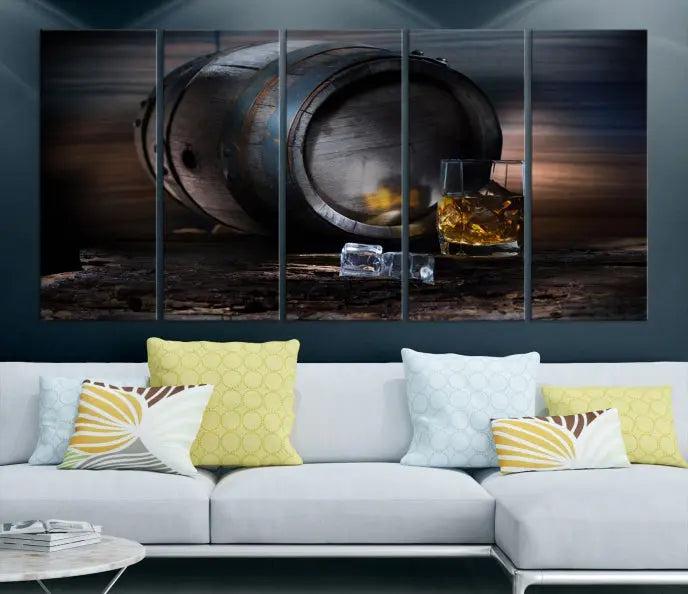 The room showcases the American Oak Whiskey Wall Art Canvas Print. This museum-quality canvas wall art, depicting a whiskey barrel and glass, comes ready to hang and is finished with a UV-protective coating for enduring elegance and style.