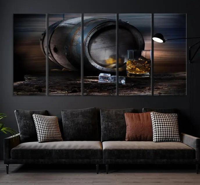 The room showcases the American Oak Whiskey Wall Art Canvas Print. This museum-quality canvas wall art, depicting a whiskey barrel and glass, comes ready to hang and is finished with a UV-protective coating for enduring elegance and style.